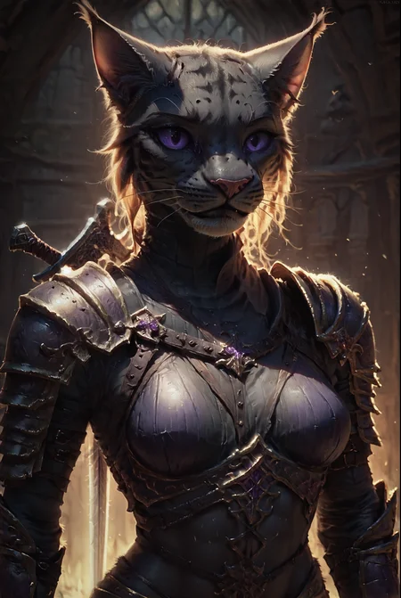 score_9, score_8_up, score_7_up, score_6_up, (furry, khajiit, Skyrim_khajiit), detailed fur, (black skin), purple eyes, wearing knight armor, sword, (Dtailed scaled face, highky detailed face), (portrait) , Soft light, Cinematic light, very detailed, hd, <lora:Concept Art Eclipse Style LoRA_Pony XL v6:1> <lora:Skyrim_khajiit:0.7>