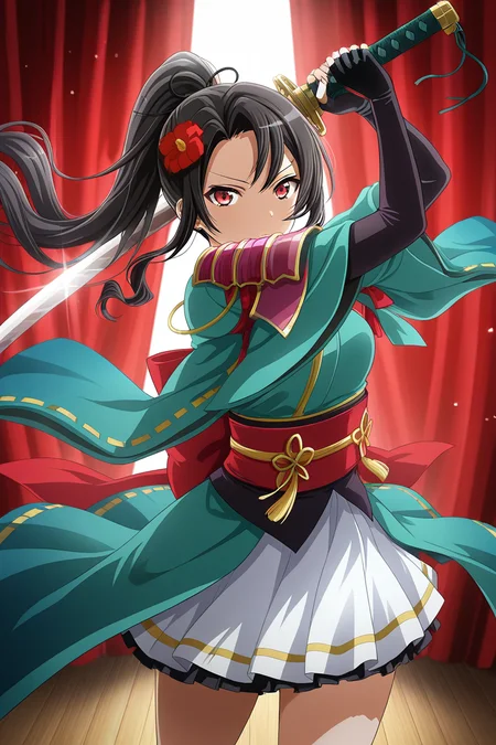 masterpiece, best quality, amazing quality,
 <lora:Rui_IL:1> rui, 1girl, weapon, sword, solo, holding, hair ornament, holding weapon, flower, long hair, big katana, hair flower, holding sword, japanese clothes, ponytail, fingerless gloves, black hair, gloves, looking at viewer, armor, red eyes, skirt, black gloves, floating hair, kimono, stage outfit, red curtains