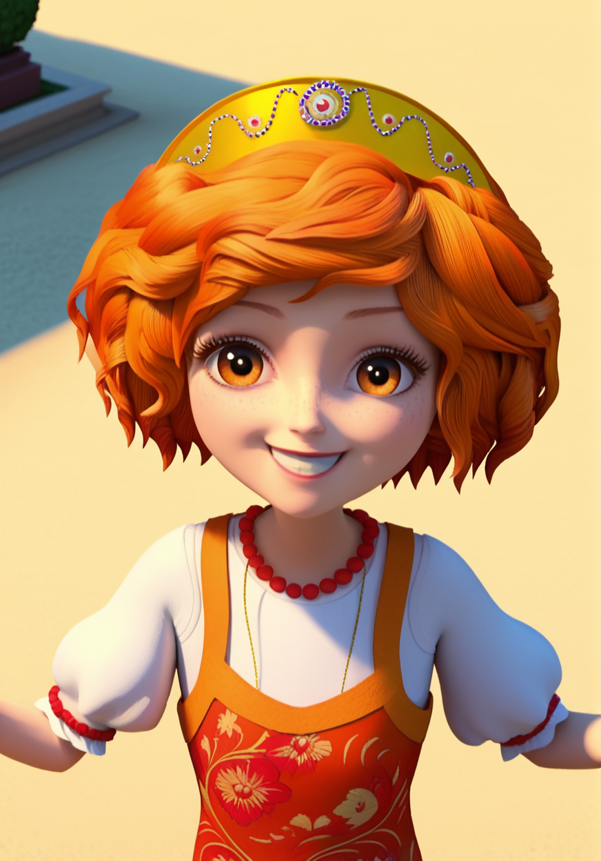 (zPDXL3), 1girl, solo, full body, rooney, 1girl, solo, dress, red footwear, short sleeves, orange hair, freckles, necklace, jewelry, orange eyes, puffy sleeves, puffy short sleeves, smile, cinematic lighting, volumetric lighting,
detailed, perfect, perfection, hands, looking at viewer, smile, happy, fun, dynamic angle, dynamic pose, outdoors,
<lora:Rooney_-_Little_Tiaras:1>  <lora:hand 5.5:1>