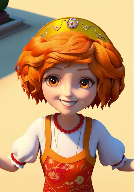 (zPDXL3), 1girl, solo, full body, rooney, 1girl, solo, dress, red footwear, short sleeves, orange hair, freckles, necklace, jewelry, orange eyes, puffy sleeves, puffy short sleeves, smile, cinematic lighting, volumetric lighting,
detailed, perfect, perfection, hands, looking at viewer, smile, happy, fun, dynamic angle, dynamic pose, outdoors,
<lora:Rooney_-_Little_Tiaras:1>  <lora:hand 5.5:1>