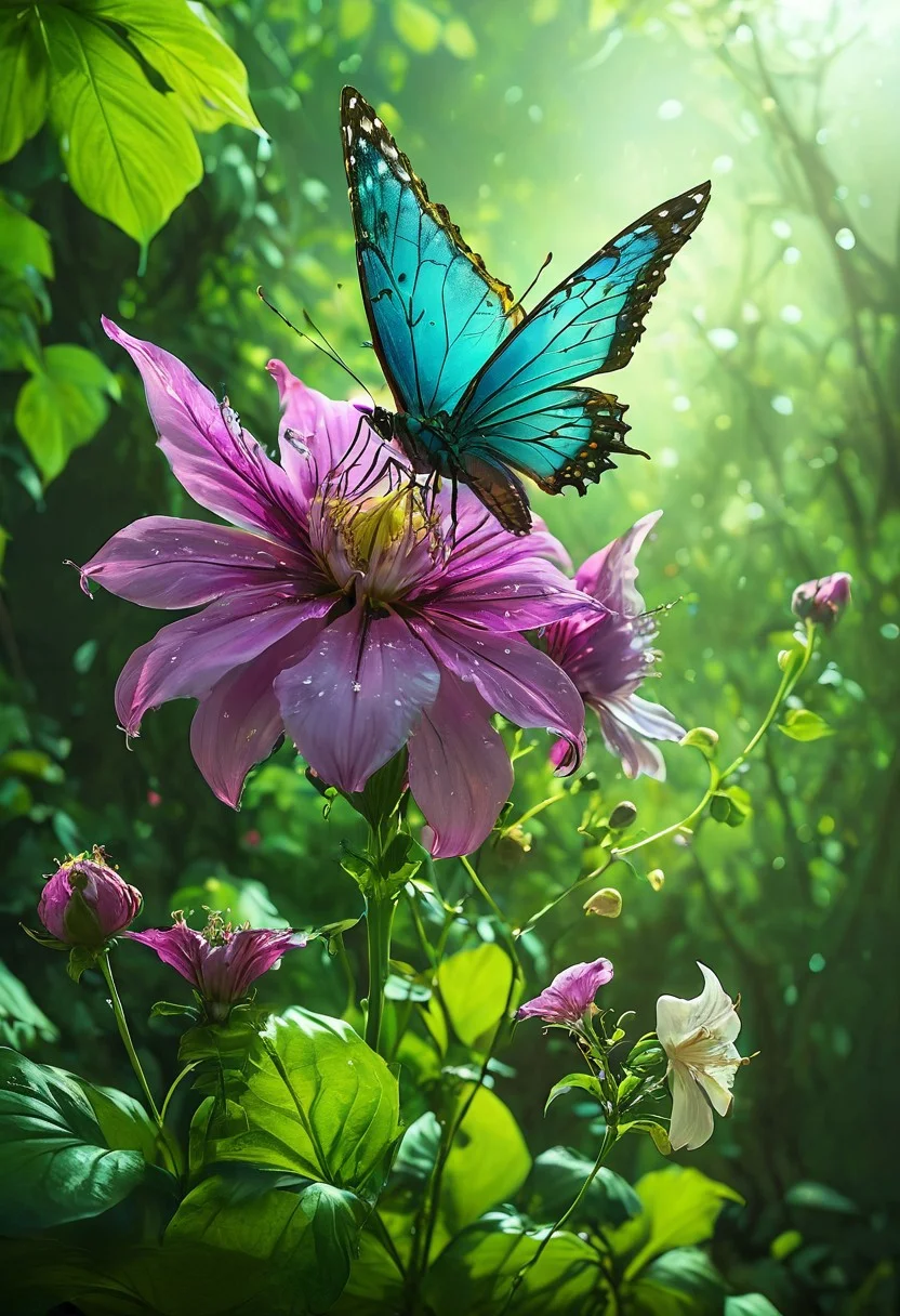 Gothic style (masterpiece, best quality, hyper-detailed, ultra-realistic, 32k, RAW photo), clear, epiCPhoto, magical fairy forest of glowing flowers, strong glowing flowers, spotlight on flowers, white mist, white mist, (giant flowers). Shamubo in the neon fog, mysterious, haunting, dramatic, ornate, detailed, in the style of eerily atmospheric dark fantasy, horror, 80s horror with bright colors, group of fairies, dimly lit, dark fantasy, vivid colors, bright colors, a group Fairies fly through the enchanted forest, chiaroscuro, lilac, pink, fairyforest, fairy, butterfly, flowers, subsurface scattering, sss, translucent