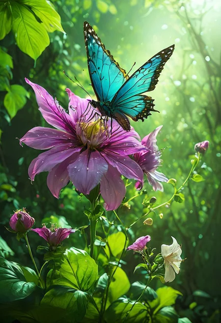 Gothic style (masterpiece, best quality, hyper-detailed, ultra-realistic, 32k, RAW photo), clear, epiCPhoto, magical fairy forest of glowing flowers, strong glowing flowers, spotlight on flowers, white mist, white mist, (giant flowers). Shamubo in the neon fog, mysterious, haunting, dramatic, ornate, detailed, in the style of eerily atmospheric dark fantasy, horror, 80s horror with bright colors, group of fairies, dimly lit, dark fantasy, vivid colors, bright colors, a group Fairies fly through the enchanted forest, chiaroscuro, lilac, pink, fairyforest, fairy, butterfly, flowers, subsurface scattering, sss, translucent