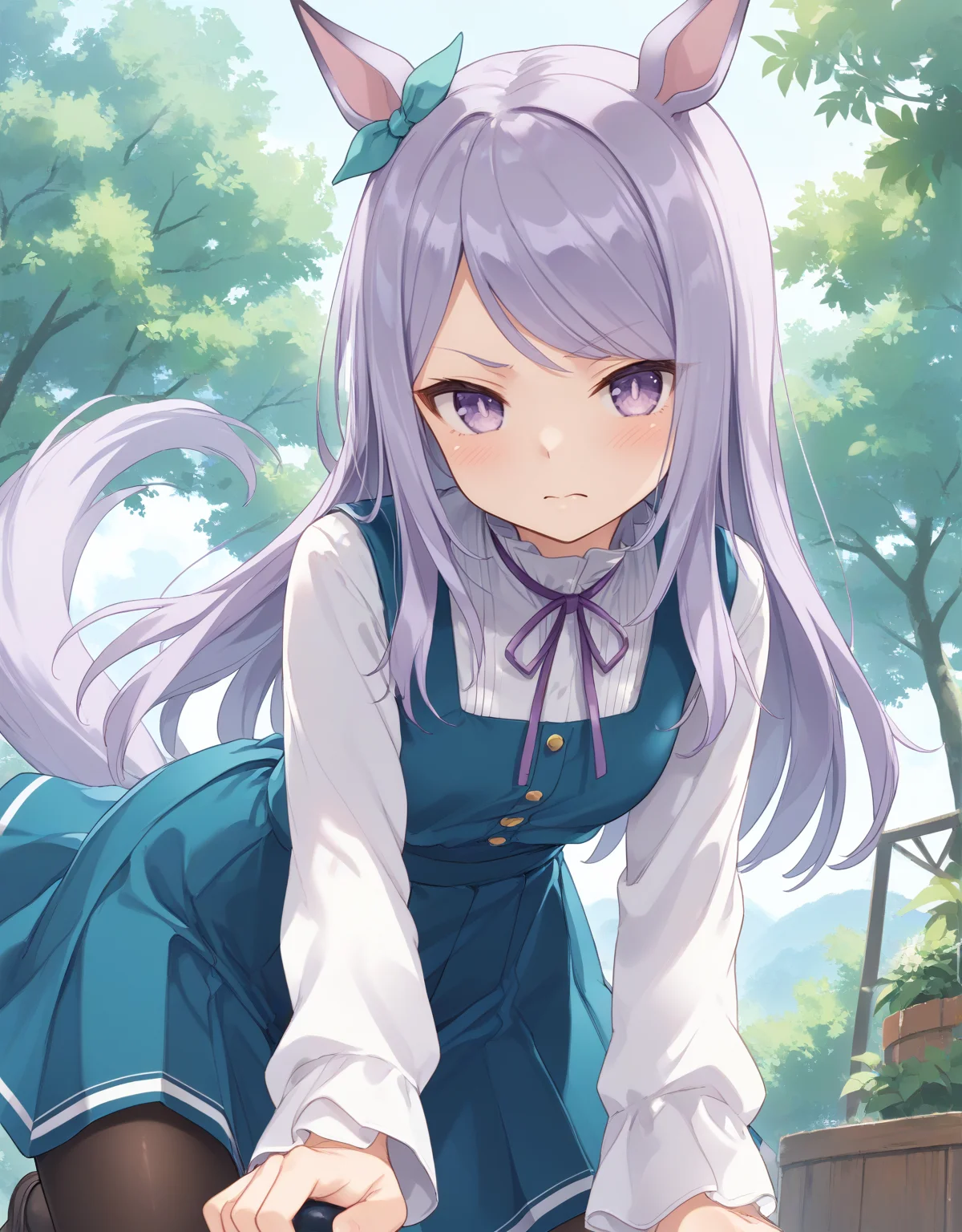 score_9, score_8_up, score_7_up, official art, masterpiece, high quality, megami magazine, official style, game cg, 1girl, (looking at viewer:1.4), (closed mouth:1.0), , determined, blush, all fours, from below, simple background,,
mejiro mcqueen (umamusume), animal ears, horse ears, horse girl, horse tail, tail, violet eyes, purple eyes, long hair, purple hair, eyebrows visible through hair, bangs, swept bangs, <lora:umamusume_mejiro_mcqueen_pony_v1:1>,
mjm casual, ribbon, green ribbon, purple ribbon, ear ribbon, neck ribbon, eyes visible through hair, casual, alternate costume, dress, pleated dress, aqua dress, blue dress, green dress, pinafore dress, long dress, shirt, white shirt, long sleeves, black pantyhose,
,