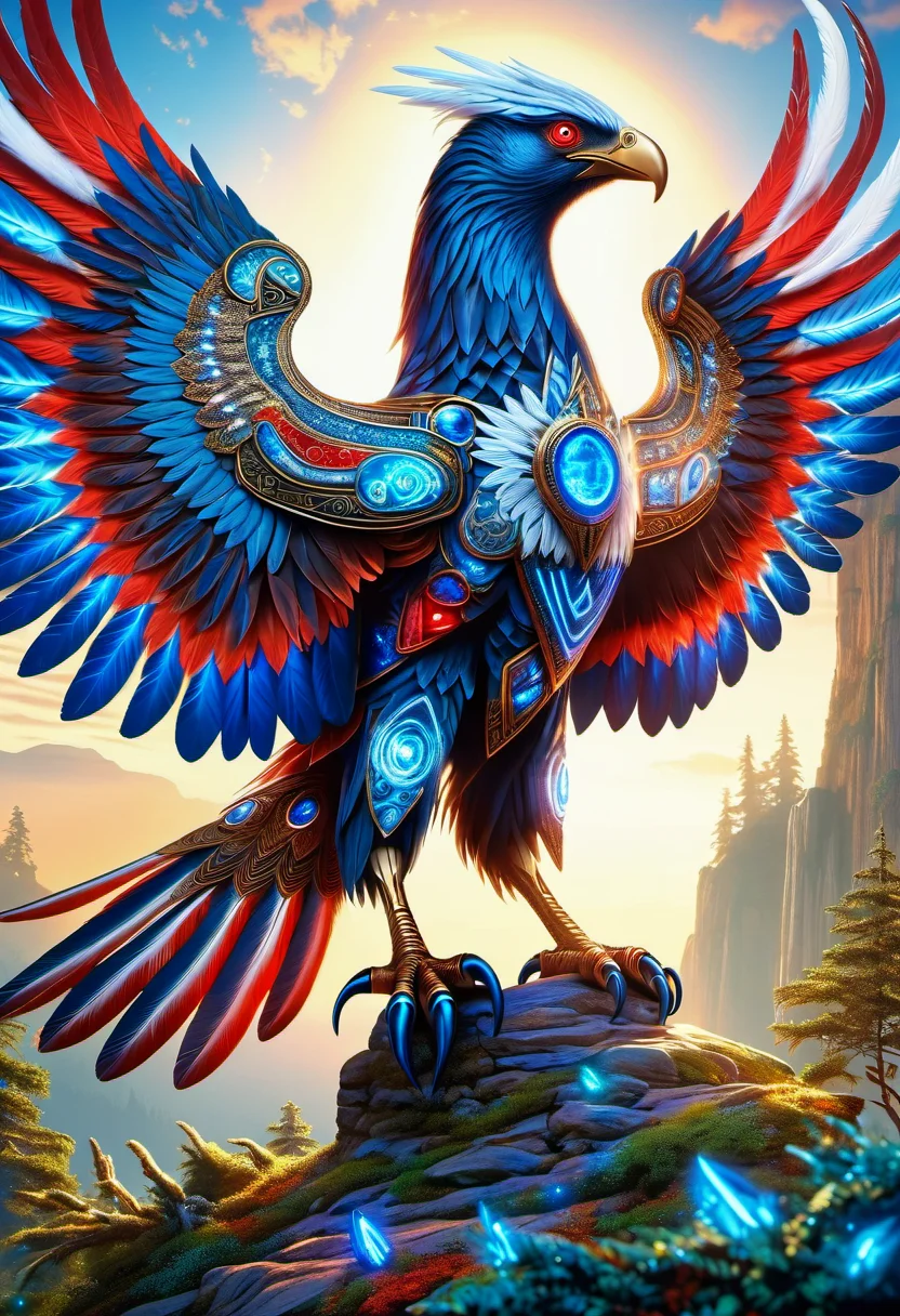 hyper detailed masterpiece,DonMMy51ic4lXL, roc, mythical gigantic colossal bird of prey, powerful wings, massive beak and talons, feathers, blue,red, white colors, nature's grandeur, power , runes <lora:DonMMy51ic4lXL-v1.1-000006:0.8>