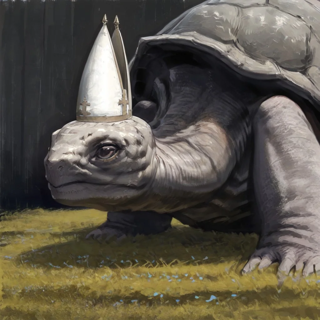masterpiece, best quality, newest, absurdres, highres, anime, anime style, animal, animal focus, no humans, MTDPV1.0, turtle, tortoise, hat, mitre, white headwear, oversized animal