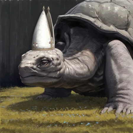 masterpiece, best quality, newest, absurdres, highres, anime, anime style, animal, animal focus, no humans, MTDPV1.0, turtle, tortoise, hat, mitre, white headwear, oversized animal