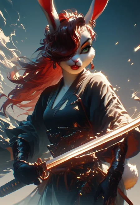 score_9, score_8_up, score_7_up, hkwarrior, Inkblast, A warrior holding a sword, realistic,1girl, red hair, long hair, hair over one eye, green eyes, lipstick, makeup, earrings,furry, solo, Cotton-Tail, rabbit, cub, rabbit tail, long rabbit ears