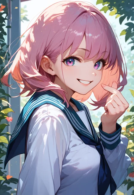 score_9, score_8_up, score_7_up, 1girl finger heart, from side, serafuku, school uniform, looking at viewer, smile
<lora:finger_heart_korean_retry_1:1>