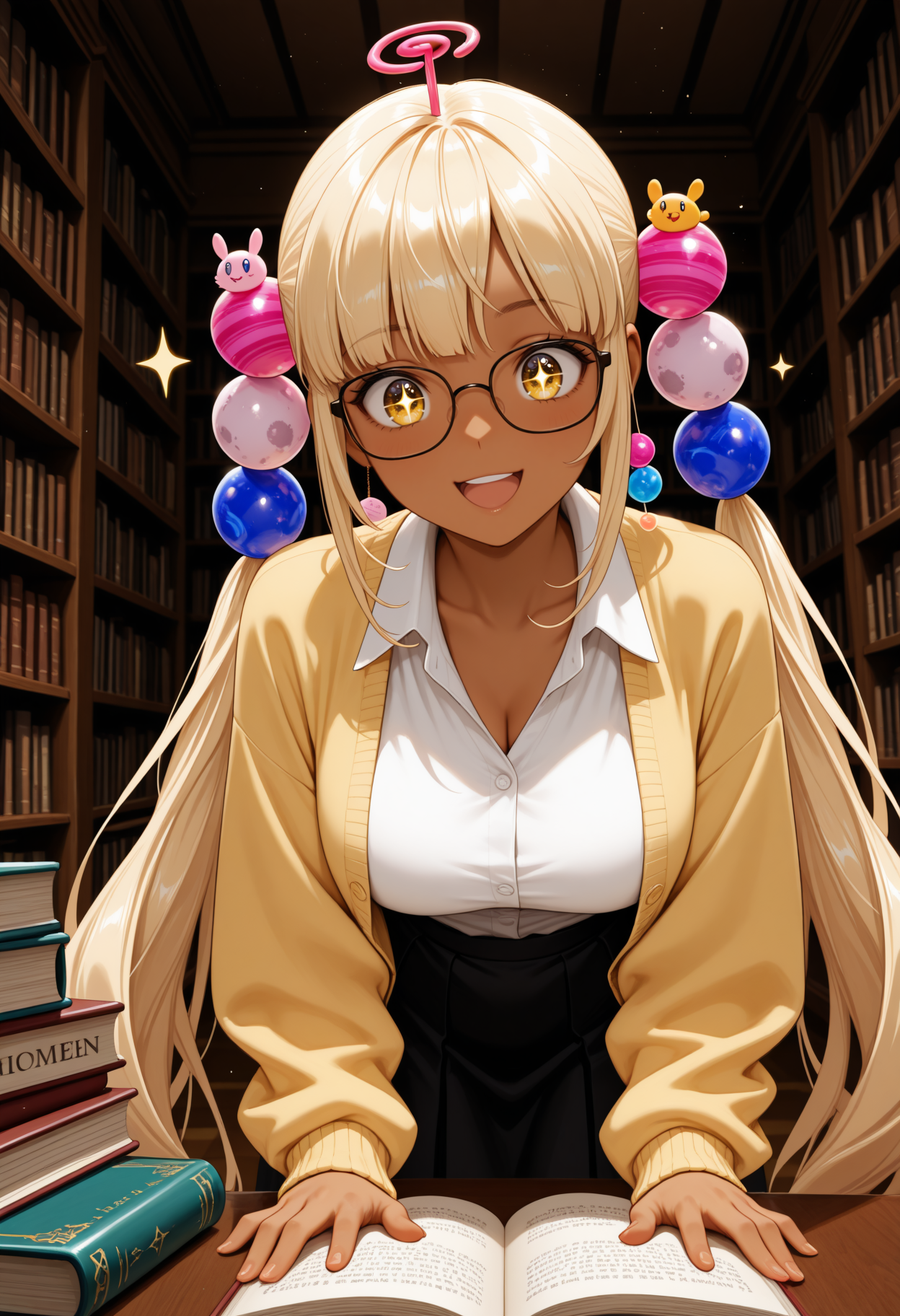 masterpiece, best quality, 1girl, solo, S4n4, dark skin, yellow eyes, blonde hair, very long hair, twintails, planet hair ornament, limiter, glasses, yellow cardigan, white shirt, dress shirt, black skirt, leaning forward, hands on table, smile, :d, sparkle, sparkling eyes, book, indoors, library, dutch angle, <lora:ChamTsukumoSanaNoob:1>