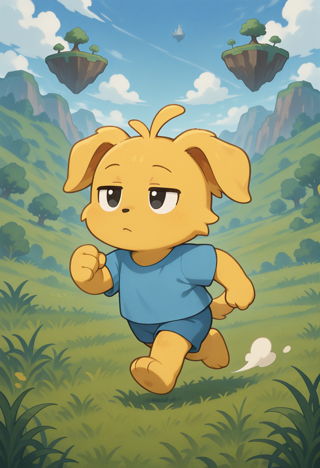 masterpiece, best quality, very aesthetic, newest, thronglet, furry, solo, yellow fur, blue shirt, Running, bored, floating island