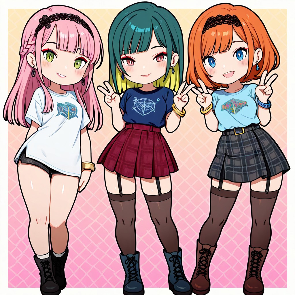 3girls, multiple girls,chibi, shiny skin,(colored inner hair,medium hair, short hair, long hair, sidelocks, bangs,braids,t-shirt, plaid skirt, thighhighs, garter straps, lace hairband,lace-up boots, earrings, jewelry, bangles, bracelet,makeup, eyeliner, blush, lipgloss),BREAK,contrapposto, smiling, double v,:d,looking at viewer, full body,blue backgruond,patterned background, gradient,ambient occlusion,outside border,round border, (masterpiece:1.2), (best quality:1.2),(absurdres:1.2),(very aesthetic:1.2),very awa,high quality,high score, great score,newest,veil8801
