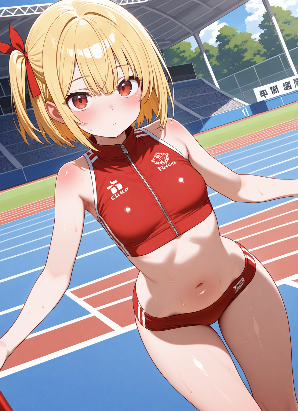 masterpiece, best quality, amazing quality, very aesthetic, absurdres, newest, 1girl, short hair, bangs, blonde hair, red eyes, hair ribbon, one side up, bob cut, navel, bare shoulders, thighs, stomach, crop top, buruma, sportswear, zipper pull tab, red buruma, sports bikini, outdoors, track and field, audience, bent over, looking at viewer, dutch angle, cowboy shot,, <BREAK> , masterpiece, amazing quality, best quality, ultra-detailed, 8K, illustration, CG, clear skin, ultra-detailed-eyes, soft skin, shiny skin, shiny hair, very awa, very as2, anime coloring,, <BREAK> (body blush:1.2),, , shiny, shiny skin, shiny hair, soft body,