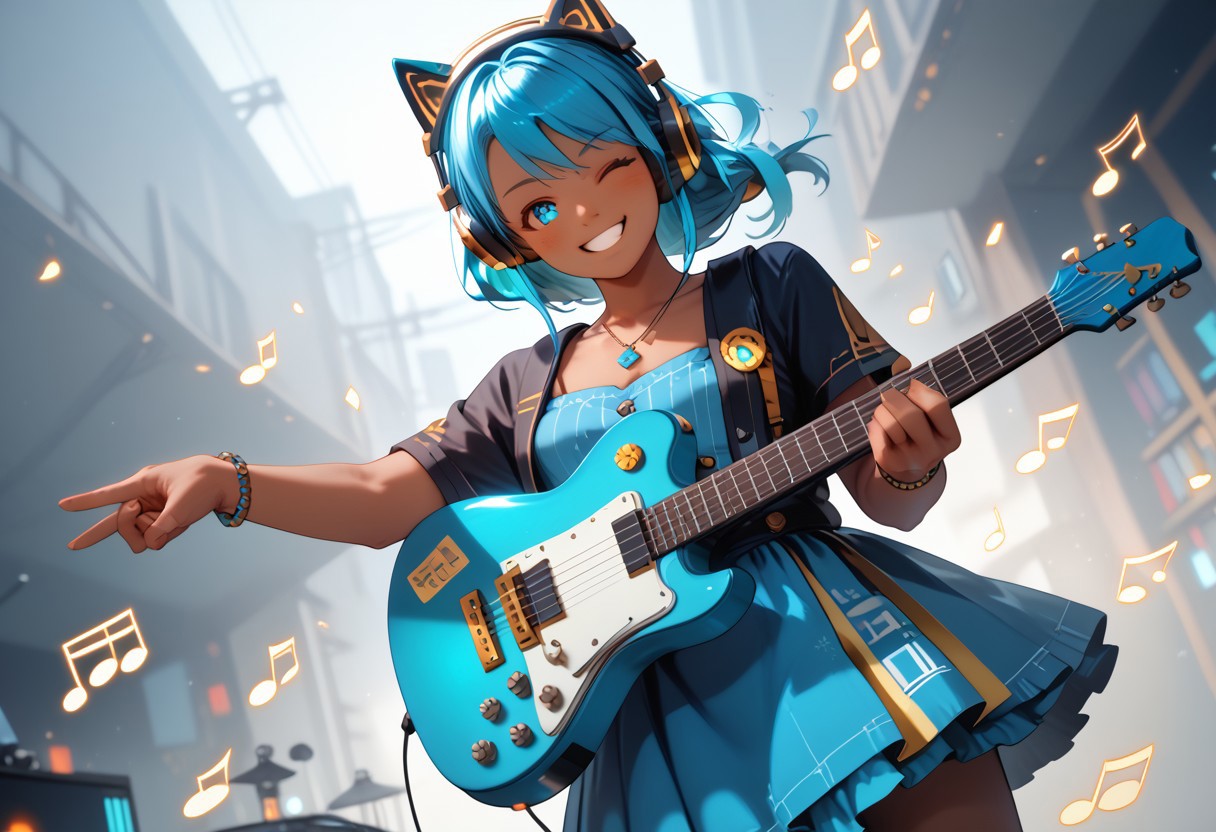Prompt: score_7_up,score_8_up,score_9 ((masterpiece,best quality,ultra detailed,highres,HD,4k:1.2) Meatu, Gormotti, dark skin, Headphones, Dutch Angle, Anime, glowing blue guitar strings, Floating Music Notes, Floating Platform, Smiling, Winking