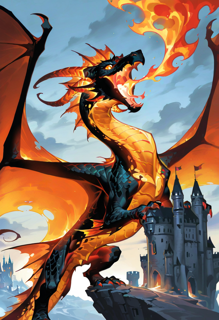 wayne reynolds, dragon, fire, horns, wings, castle, breathing fire, solo,animal focus,