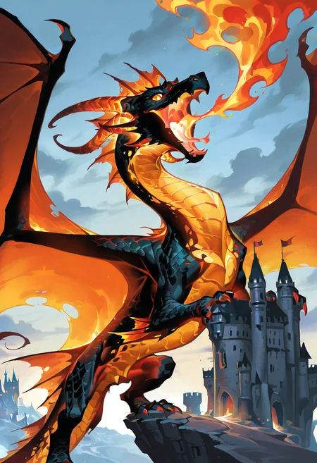 wayne reynolds, dragon, fire, horns, wings, castle, breathing fire, solo,animal focus,