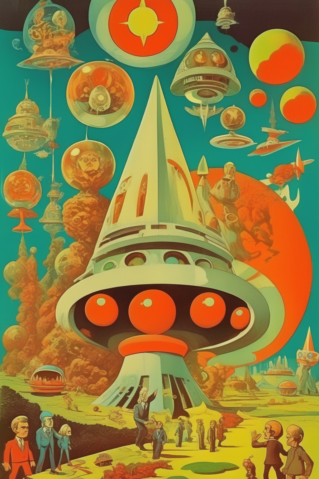 <lora:Victor Moscoso Style:1>Victor Moscoso Style - /tomorrow dreams of the future, putting fragments together, desperate elements of strange entities, in the style of 1970s Soviet cartoons
