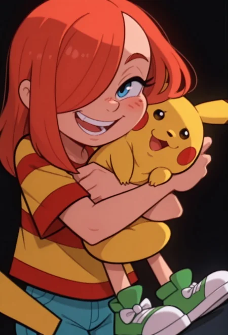 score_9, score_8, score_7_up, source_cartoon, orginal source, parody highres, absurdres, masterpiece, highly detailed, rating_safe, solo, BREAK,
WACGRANDD, 1girl, red hair, hair over one eye, orange hair, shirt, red shirt, yellow shirt, striped shirt, striped, blue shorts, green shoes, shorts, shoes,
1girl, stuffed toy, stuffed animal, solo, smile, blush, open mouth, object hug, black background, upper body, looking at viewer, :d doll hug, holding stuffed toy, pikachu, teeth