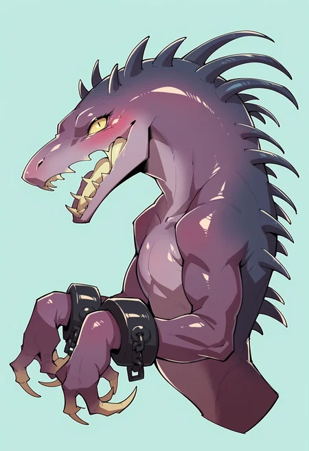 score_9, score_8_up, score_7_up, score_6_up, score_5_up, score_4_up, 1girl, <lora:Acrid:0.7> solo, monster, no humans, claws, multi eyes, four eyes, yellow eyes, glowing, no pupil, teeth, spikes, cuffs, looking at viewer, blush, upper body, from front, open mouth, happy, from side,
light blue background, simple background,