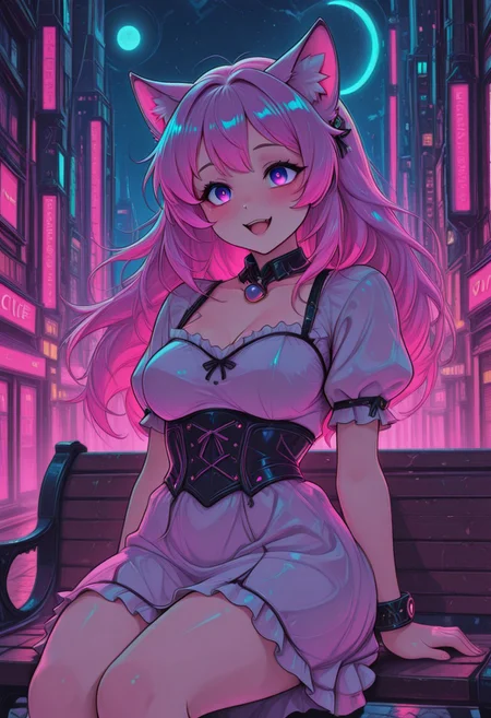 (masterpiece, best quality:1.3), pink hair, purple eyes, cat_ears, yandere, happy, medium breasts, loving_gaze, BehindCatgirl, CatGirlStyle, dress, city, CivChan, pinkneoncybercore, cute, highly detailed background, night, moon, sitting on bench