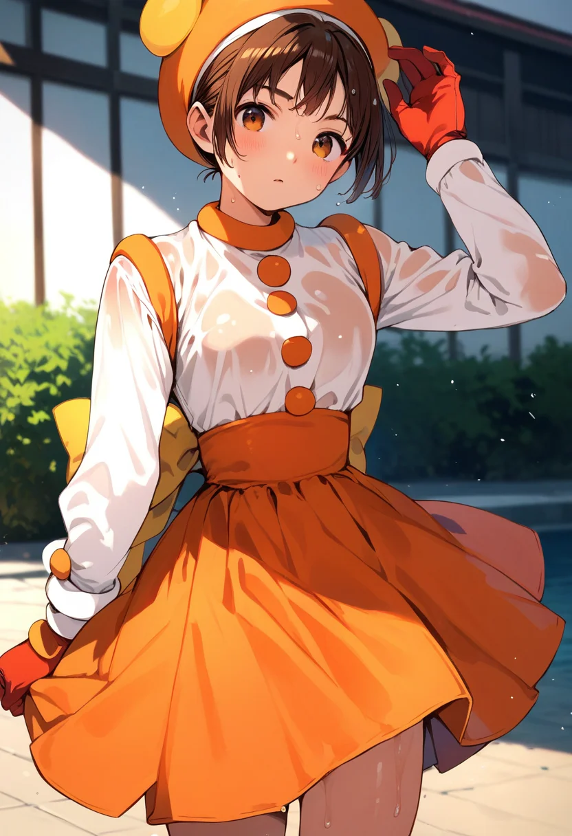 score_9, score_8_up, score_7_up, score_6_up, score_5_up, score_4_up,source_anime,
1girl, solo,
<lora:hananokouji kurara-000003:1.0>, hananokouji kurara, brown hair, bangs, hat, brown eyes, gloves, skirt, white shirt, long sleeves, orange skirt, red gloves, yellow ribbon on back,
sweat, wet clothes, shiny skin,
