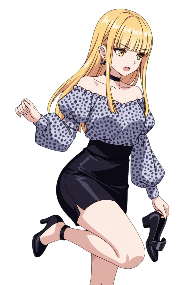 masterpiece,high quality details, absurdres,
<lora:Ruriko:0.7>enh_cnr,
ruriko_cnr,1girl, blonde hair, long hair,blunt bangs, yellow eyes, fang, ear piercing,earrings,
ruriko_s2, collarbone,grey shirt, off shoulder, long sleeves, puffy sleeves,black pencil skirt, leopard print,choker,eyewear, sunglasses,black high heels,, simple background, white background, front view,solo,, open mouth,open mouth,, one leg bent,standing with weight on one leg,relaxed hands,