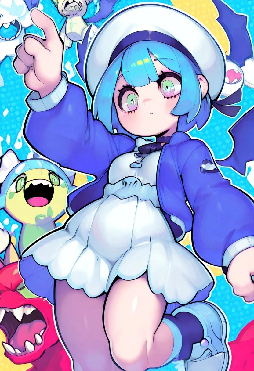 LiveTwinLil-laYu-Gi-Oh,short hair, blue hair, small breasts, white headwear, blue jacket, white dress, socks, blue footwear,wings,art by Parororo,keaihuafeng,