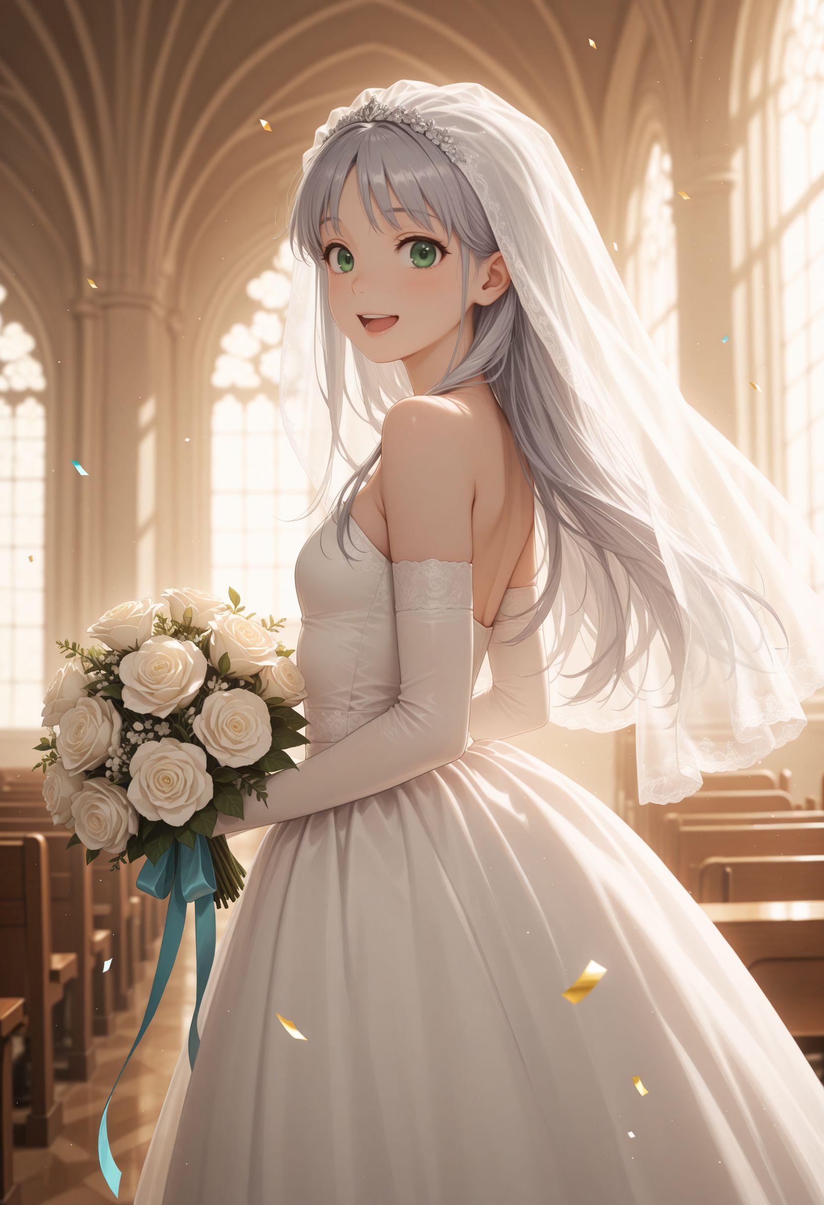 masterpiece,best quality,absurdres,highres,very aesthetic,high quality,detailed,insanely detailed,beautiful,perfect lighting, ,depth of field,blurry background,bokeh, looking at viewer, looking at viewer,  <lora:Index illu:1> 1girl, , green eyes, long hair, grey hair, wedding dress, veil, church, holding bouquet, (confetti:1.1), smile, open mouth, white dress, wedding dress), indoors,