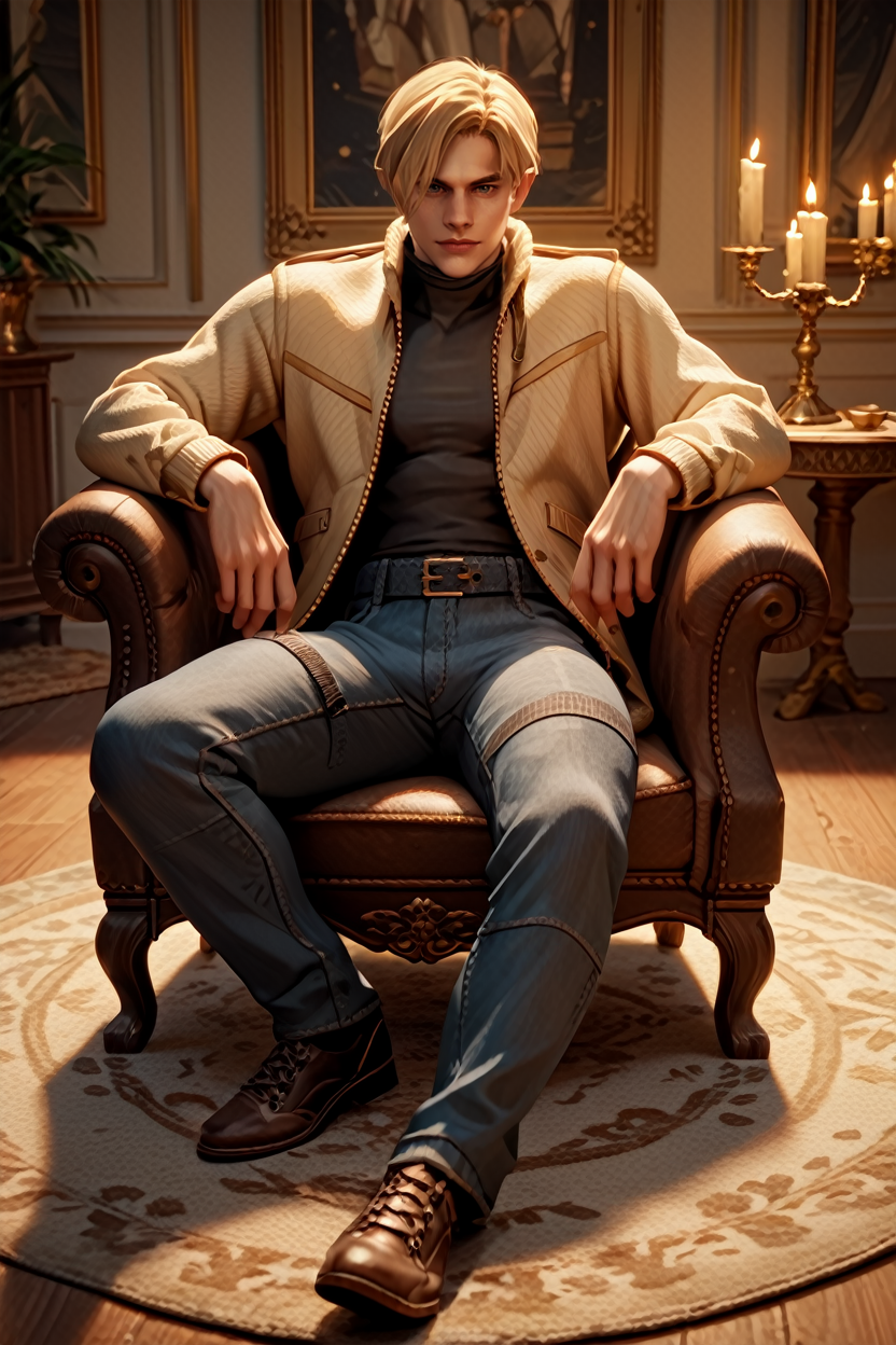 score_9, score_8_up, score_7_up, score_6_up
<lora:RE4Leon:1.0>
RE4Leon, 1boy, blonde hair, looking at viewer, reclining on a luxurious fur rug, with candlelight casting a warm glow, full body