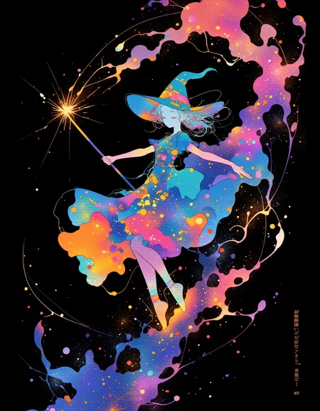 lyh_niji, vibrant reflective holographic drawing in the style of ckhg, Alphonse Mucha Style, Art Nouveau Poster art of silhouette of a witch holds a magic wand and walks on tiptoe like a rhythmic gymnast
cracked light , smokey haze in floating
Illustrations with clear lines in a well-designed posters design, black background
<lora:ck-holographic-glitter-000015:0.3><lora:Alphonse Mucha Style:0.6>