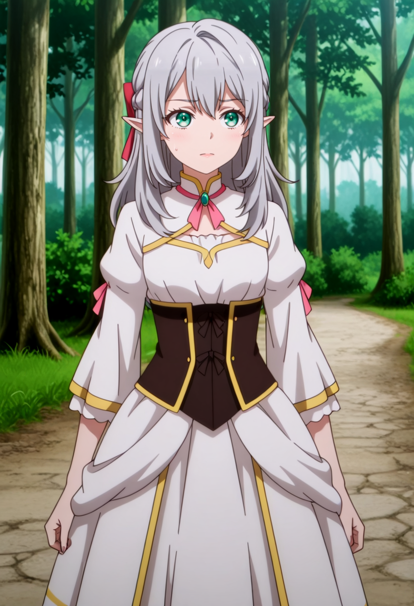 masterpiece,high quality,highres,absurdres,(,,,<lora:Young Tessia_IL:0.8>,,,,Young Tessia,1girl,gray hair,pointed ears,elf,green eyes,,<lora:empress_outfit1:0.8>,,empress_outfit1,masterpiece,best quality,ultra-detailed,(pure white dress:1.3),(gold embroidery:1.2),(pink ribbon accents:1.1),corset-style bodice,lace-up detail,puffed sleeves with gold trim,multi-layered skirt with ruffled hem,soft glowing fabric,volumetric lighting,intricate textures,(high-resolution:1.2),dynamic shading ),forest, river