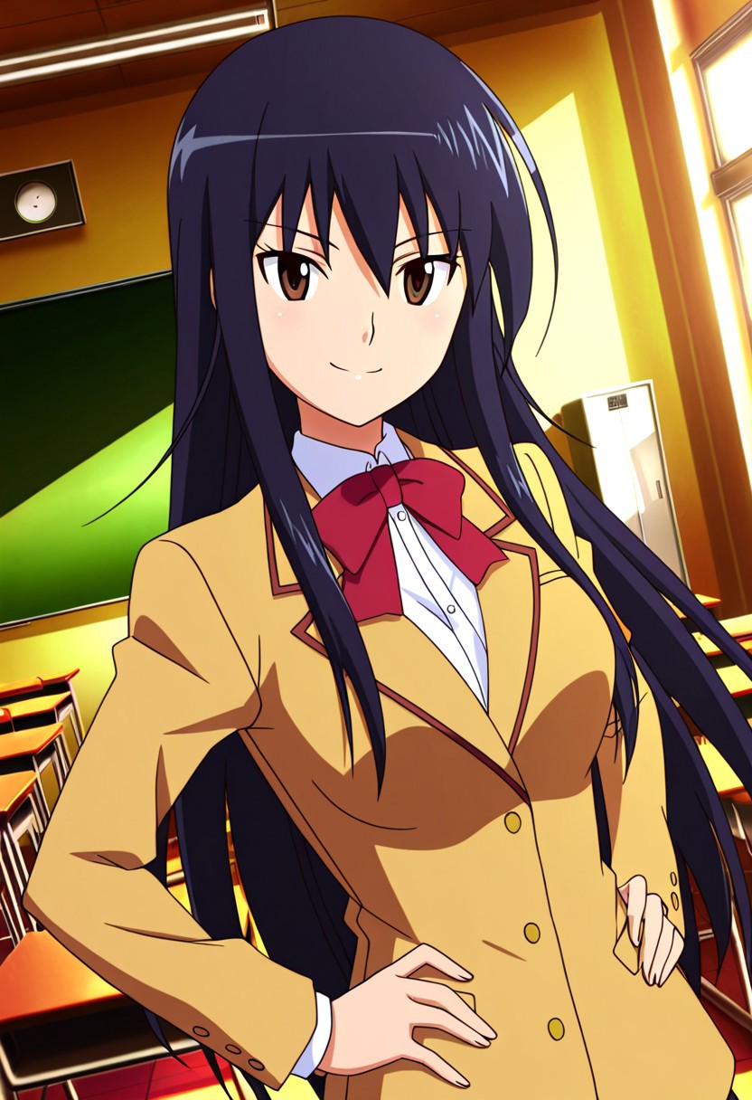 general,highres, ultra-detailed,very aesthetic,best quality ,best hands,best eyes,easynegative,
dynamic angle, dutch angle, anime cloring,anime screencap,
1girl solo,looking at viewer,indoors,classroom, smile,hands on hip,
Shino AMAKUSA,black_hair, long_hair, brown_eyes, large_breasts,school uniform,