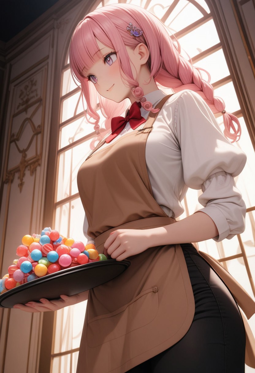 ((masterpiece), (best quality), (ultra-detailed), 
illustration, 3DMM, 
1girl, solo, pink hair, blunt bangs, curly hair, red bowtie , indoor, puffy sleeves,
white shirt, black pants, brown apron, 
holds a tray with both hands, big candy on tray, lilac eyes,
Indoor,  candy,
glossy, delicate frame, angelic appearance, 
from side-below, in profile, hair ornament,chiaroscuro shading, perfect body, dim natural light, night, window,
 absurdres, soft smile, cowboy shot, 
   sharped eyes, sharp focus, delicate frame, angelic appearance,  side braids, night, darkness)