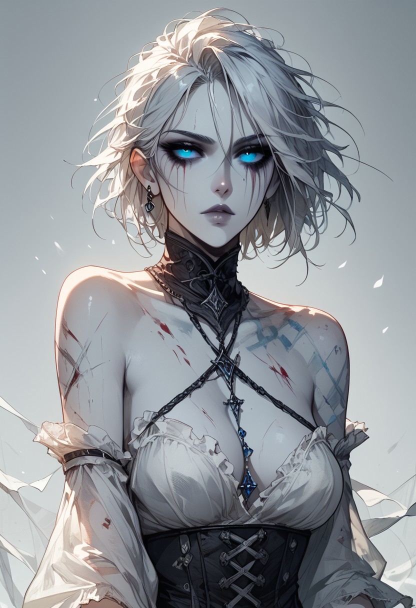 score_9, score_8_up, score_7_up, score_6_up, Expressiveh, masterpiece, (((High Resolution, Best Quality))), highly detailed, 
1futanari, pale white skin, undead, deathknight, blue eyes, (white hair, messy hair, short hair)