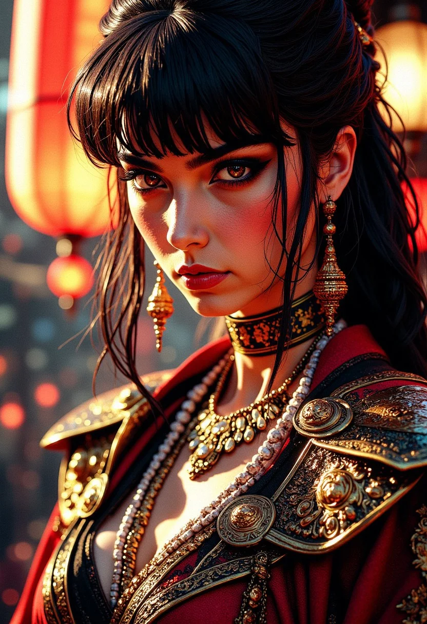 closeup zoomed in portrait of a femme fatale Japanese warrior princess, bangs, sidelocks, long earrings, dark eyeshadow, red lips parted, choker, necklaces, tiara, cleavage, sexy, seductive, lustful, sultry, choker, silhouetted, professional photography, directional lighting, outdoors
