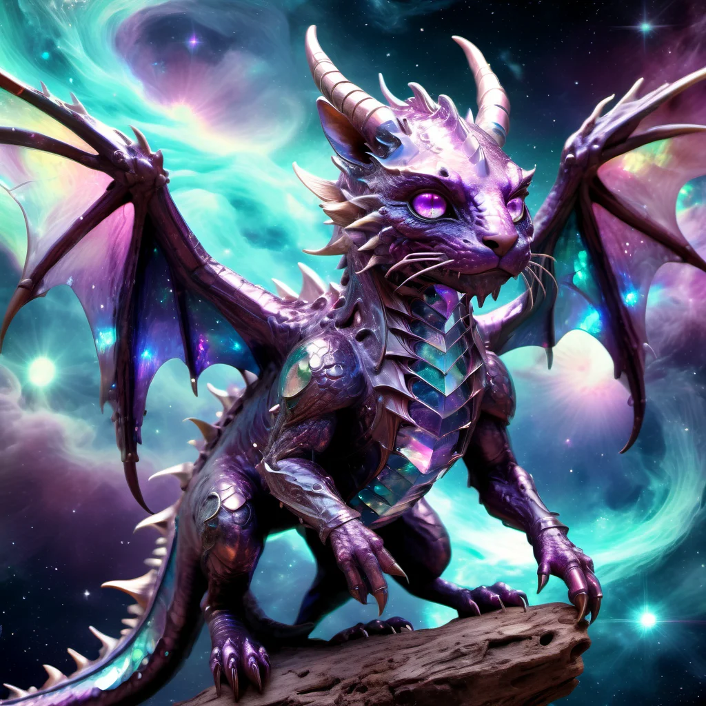((best quality)), ((masterpiece)), ((realistic,digital art)), (hyper detailed),DonMC3l3st14l3xpl0r3rsXL Big Vicious Iridescent Rustic Dragon, Hoofed, Multi-Tailed, Long-Tailed, Bark-like Skin, Cat Ears, Angelic Wings,, tech, scifi, futuristic , 8K, HDR, <lora:DonMC3l3st14l3xpl0r3rsXL-000007:1>