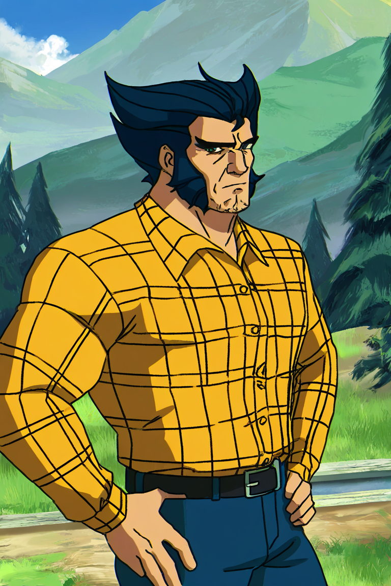 masterpiece, best quality, highres, newest, anime coloring, logan, 1boy, solo, male focus, mature male, short hair, dark blue hair, grey eyes, thick eyebrows, facial hair, stubble, cleft chin, long sideburns, mutton chops, wrinkled skin, manly, muscular male, yellow shirt, plaid shirt, collared shirt, long sleeves, blue pants, jeans, black belt, belt buckle, expressionless, hands on own hips, looking at viewer, facing viewer, standing, cowboy shot, outdoors, blue sky, cloud, mountain <lora:Logan - X-Men 97 - v1.0 [LoRA] - NoobAI-XL EPS 1.0:0.8>