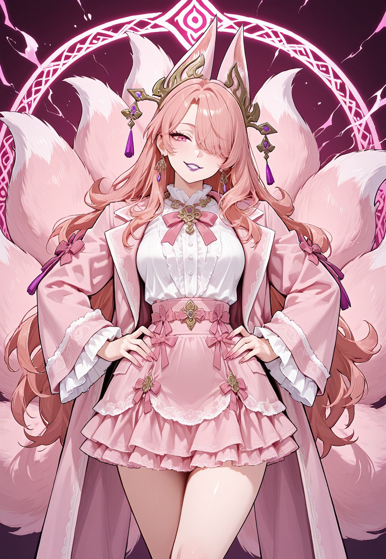 masterpiece, best quality, high details, mature female, sharp, bright colors, vibrant, abstract hypnotic pink magic background, pink magic,
BREAK, 
SujueDaji, light red hair, big hair, very long hair, parted bangs, hair over one eye, 
pink eyes:1.5, purple lips, fox ear headpiece, fox tail, multiple tails, (multiple pink magic fox tails), magic tail, pink tail, pink fur, 
medium breasts, wide hips, narrow waist, deltoids, BREAK, 
pink outfit,
jacket, layered skirt, pink skirt, hair ornament, white shirt, bow, pink jacket, wide sleeves, pink sleeves, 
frilled sleeves, 
red lace, red frills, 
long nails, pink nails, earrings, gold jewelry, 
BREAK, 
cowboy shot, looking at viewer, facing viewer, head tilt, crossed legs, 
hands on own hips, arched back, 
cute, seductive smile, grin