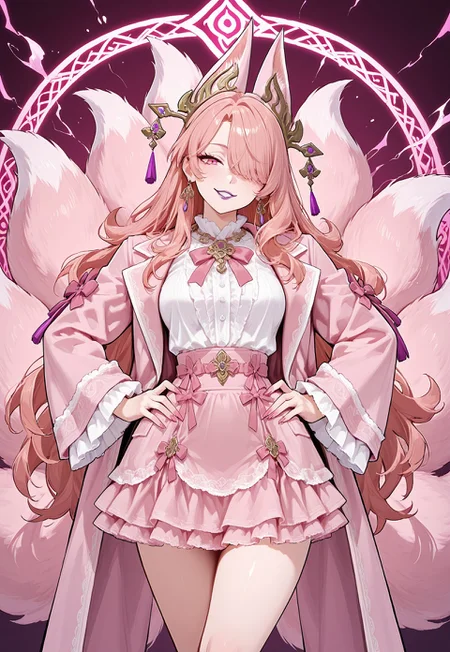 masterpiece, best quality, high details, mature female, sharp, bright colors, vibrant, abstract hypnotic pink magic background, pink magic,
BREAK,
SujueDaji, light red hair, big hair, very long hair, parted bangs, hair over one eye,
pink eyes:1.5, purple lips, fox ear headpiece, fox tail, multiple tails, (multiple pink magic fox tails), magic tail, pink tail, pink fur,
medium breasts, wide hips, narrow waist, deltoids, BREAK,
pink outfit,
jacket, layered skirt, pink skirt, hair ornament, white shirt, bow, pink jacket, wide sleeves, pink sleeves,
frilled sleeves,
red lace, red frills,
long nails, pink nails, earrings, gold jewelry,
BREAK,
cowboy shot, looking at viewer, facing viewer, head tilt, crossed legs,
hands on own hips, arched back,
cute, seductive smile, grin