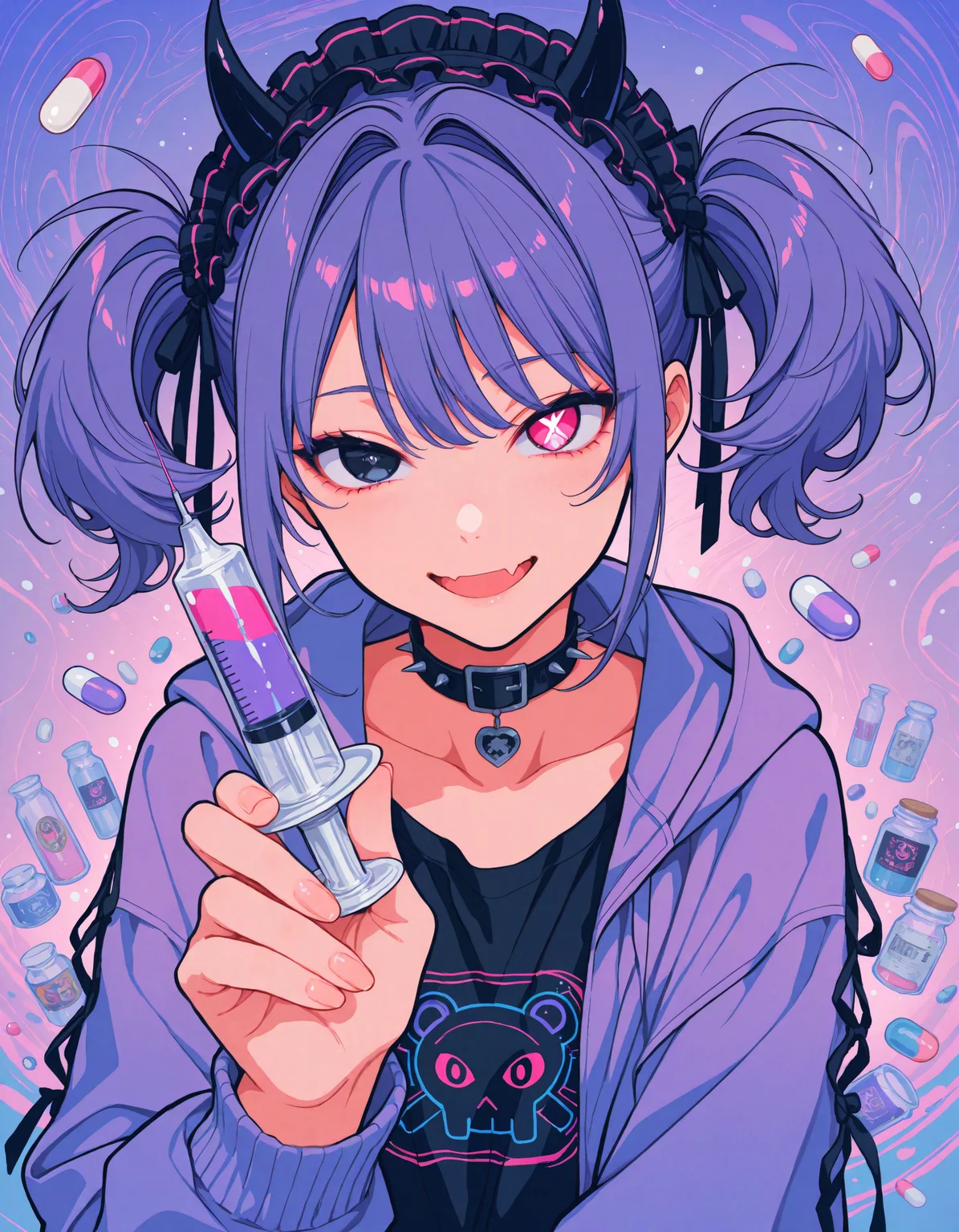 (flat_colors:1, highres, absurdres, anime_coloring, vector_trace:1), incredibly_absurdres, very_aesthetic, dutch_angle)
(MCHI-Illu, close-up, fisheye, foreshortening, substance_intoxication, colorful_theme, surreal, psychedelic, (floating pills, pill_bottle), j-fashion, blue background, purple background, zoom_layer, gradient, pose, wind_lift abstract_background, 1girl, purple bandaid_on_cheek bandaid_on_face, bags_under_eyes, black_eyes, black_horns black_shirt, collarbone, hair_intakes, heterochromia, holding_syringe, frilled_hairband, long_sleeves, x-shaped_pupils, short_pigtails, open_mouth pink_eyes purple_hair purple_jacket, skin_fang, smile, solo, spiked_choker upper_body yami_kawaii)