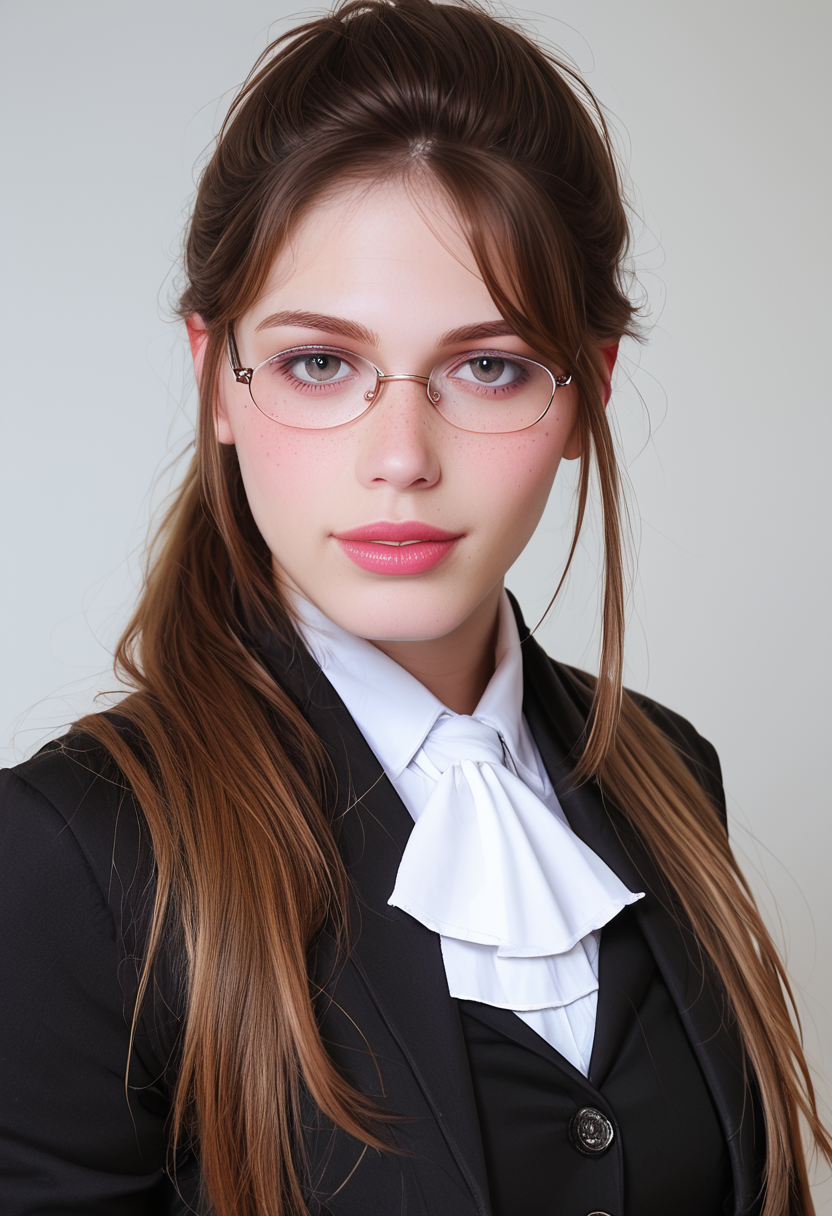score_9, score_8_up, score_7_up, CarlaC4rd1ll3, Carla Cardille, <lora:CarlaC4rd1ll3-pony:1>, 1girl, skin pores 8k, lips, long hair, ponytail, freckles, (thick frame glasses), dark brown hair, white blouse, pencil skirt, vest, white ascot, portrait, solo, looking at viewer, bokeh, focus, film, velvia, artistic, best quality, photograph, focus