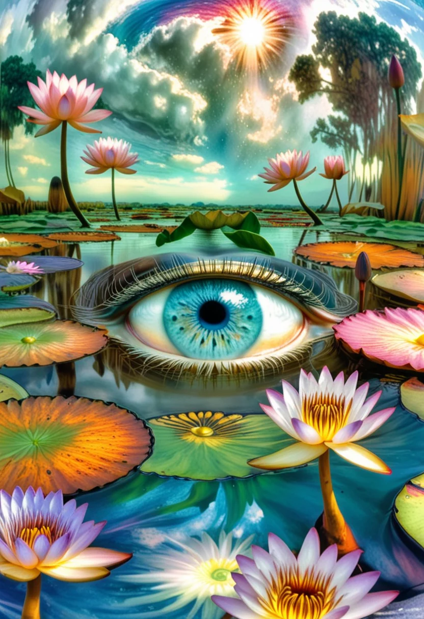 <lora:psychedelic_dream_sdxl_v1:1.0>, psychedelic_dream, an image of an eye in the middle of a pond with water lilies and lotuses in the center of the frame, Maintain identical subject placement, camera angle, framing, and perspective.
Using this elegant style, maintaining the same refined quality and soft color tones, cinematic lighting, award winning, Realistic, HDR