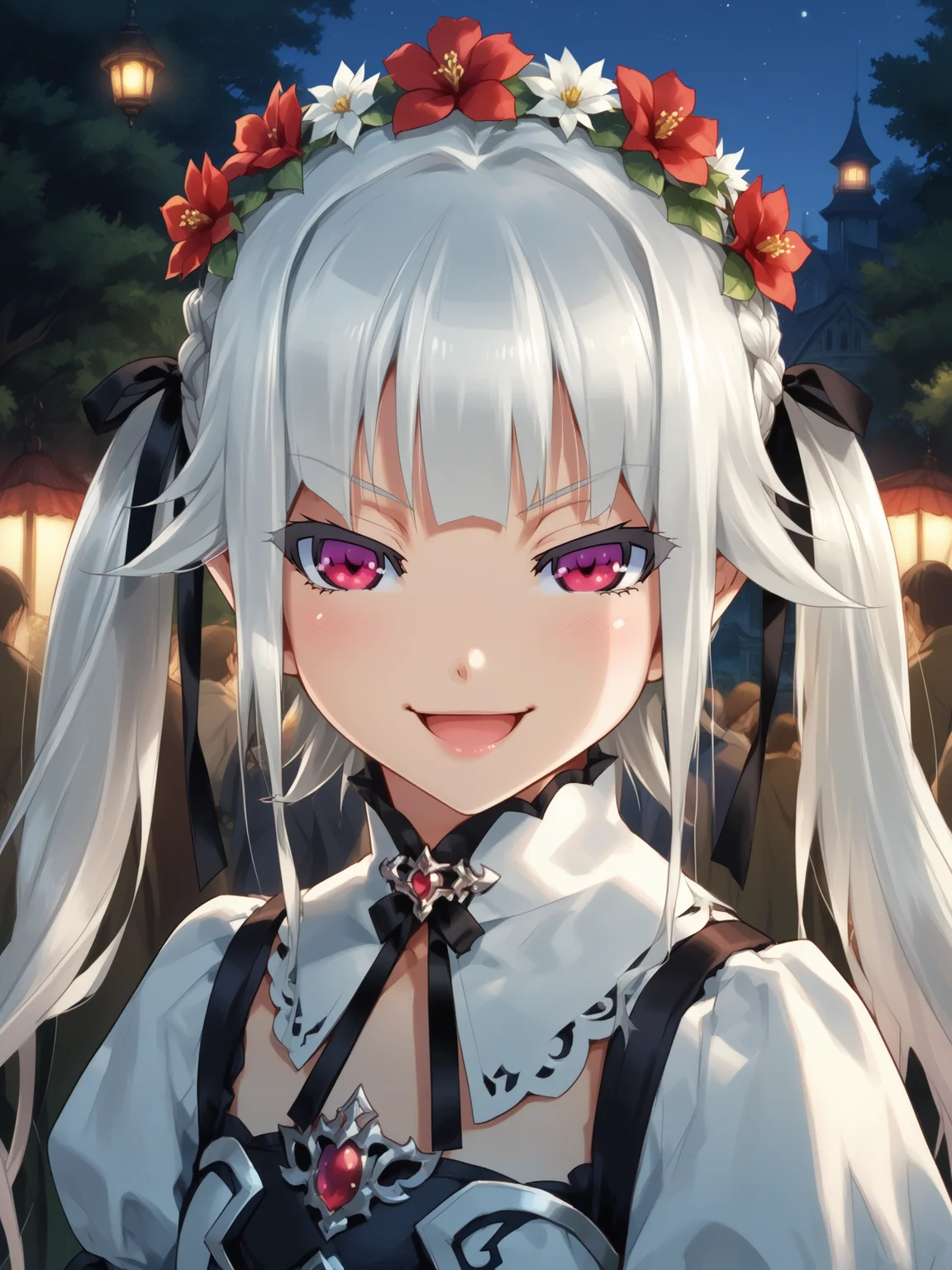 (cowboy shot, solo focus:1.2) <lora:happy_tentacle-kirie-v0.2-000020:0.8>, ht_kirie, twintails, hair ribbon, (silver hair:0.5), (red eyes, :0.5) (petite:1.2), <lora:Shed_The_Skin's StS_age_slider_v1_initial_release:-1> ( :1.1) ( , , (naughty face :1.2) , smile , looking up :1.2) outdoors, vegetation, (overgrown :1.1), , (night, night sky :0.6), , (:0.5), (people, crowded, surrounded:1) , (modern architecture :0.9), (forest:1.2), building, elf, pointy ears, braid, head wreath, flower ornament ( :0.8) score_9, score_8_up, score_7_up, score_6_up, score_5_up, score_4_up, ( [(realistic, photorealistic:1.3):(realistic:1.2):16] [(3d:1.2)::14] :1) <lora:LUUNA's Lunas-NijiJourney-SDXL-B2:0.35>, nijijourney <lora:prgfrg23's Counterfeit-V3.0 Style SDXL_LoRA_Pony Diffusion V6 XL:0.6> <lora:mfcg's mfcgXL:0.12> <lora:reweik's gyokai(himehajime)_PonyXL_style_v01:0.14>