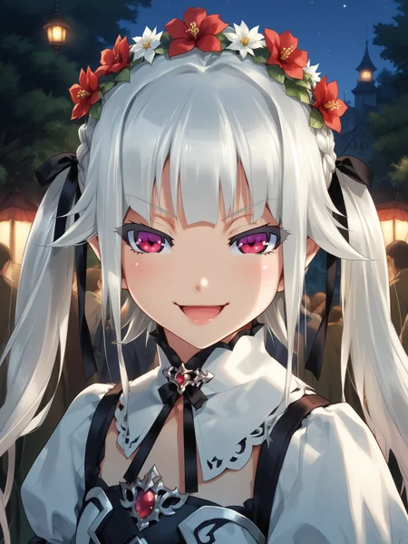 (cowboy shot, solo focus:1.2) <lora:happy_tentacle-kirie-v0.2-000020:0.8>, ht_kirie, twintails, hair ribbon, (silver hair:0.5), (red eyes, :0.5) (petite:1.2), <lora:Shed_The_Skin's StS_age_slider_v1_initial_release:-1> ( :1.1) ( , , (naughty face :1.2) , smile , looking up :1.2) outdoors, vegetation, (overgrown :1.1), , (night, night sky :0.6), , (:0.5), (people, crowded, surrounded:1) , (modern architecture :0.9), (forest:1.2), building, elf, pointy ears, braid, head wreath, flower ornament ( :0.8) score_9, score_8_up, score_7_up, score_6_up, score_5_up, score_4_up, ( [(realistic, photorealistic:1.3):(realistic:1.2):16] [(3d:1.2)::14] :1) <lora:LUUNA's Lunas-NijiJourney-SDXL-B2:0.35>, nijijourney <lora:prgfrg23's Counterfeit-V3.0 Style SDXL_LoRA_Pony Diffusion V6 XL:0.6> <lora:mfcg's mfcgXL:0.12> <lora:reweik's gyokai(himehajime)_PonyXL_style_v01:0.14>