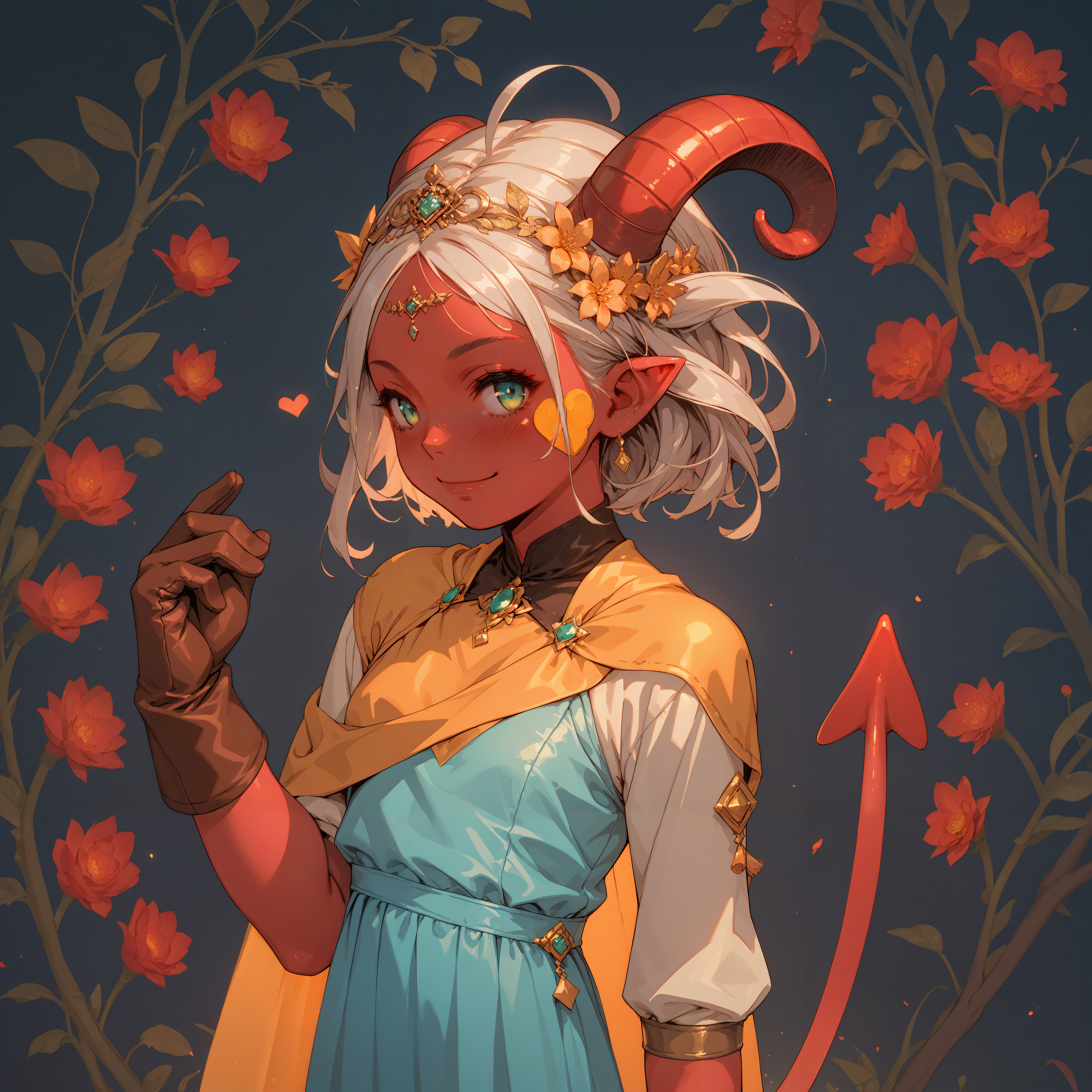 \(young 1girl, (petite demon:1.5), yellow_iris, (red skin girl:1.45), (white_foxy_hair:1.4), big demon sheep (horns:1.1), (blue_adventurer clothes:1.4), (gold-emerald:1.1) tiara, orange cape, brown_leather glove, yellow_heart tatooed on her cheek, pointy tail, white dress (expressive, smirk), blank background, colorful lush flower_frame)\ (detailed picture:1.15),  masterpiece, hi-res,  soft light, score_9, score_8_up, score_7_up, score_6_up, score_5_up, score_4_up, <lora:Expressive_H:0.8> Expressiveh,  <lora:d3t41l3dXLP:0.8> d3t41l3d,  <lora:UjiieMP:1>