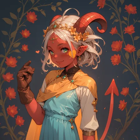 \(young 1girl, (petite demon:1.5), yellow_iris, (red skin girl:1.45), (white_foxy_hair:1.4), big demon sheep (horns:1.1), (blue_adventurer clothes:1.4), (gold-emerald:1.1) tiara, orange cape, brown_leather glove, yellow_heart tatooed on her cheek, pointy tail, white dress (expressive, smirk), blank background, colorful lush flower_frame)\ (detailed picture:1.15), masterpiece, hi-res, soft light, score_9, score_8_up, score_7_up, score_6_up, score_5_up, score_4_up, <lora:Expressive_H:0.8> Expressiveh, <lora:d3t41l3dXLP:0.8> d3t41l3d, <lora:UjiieMP:1>