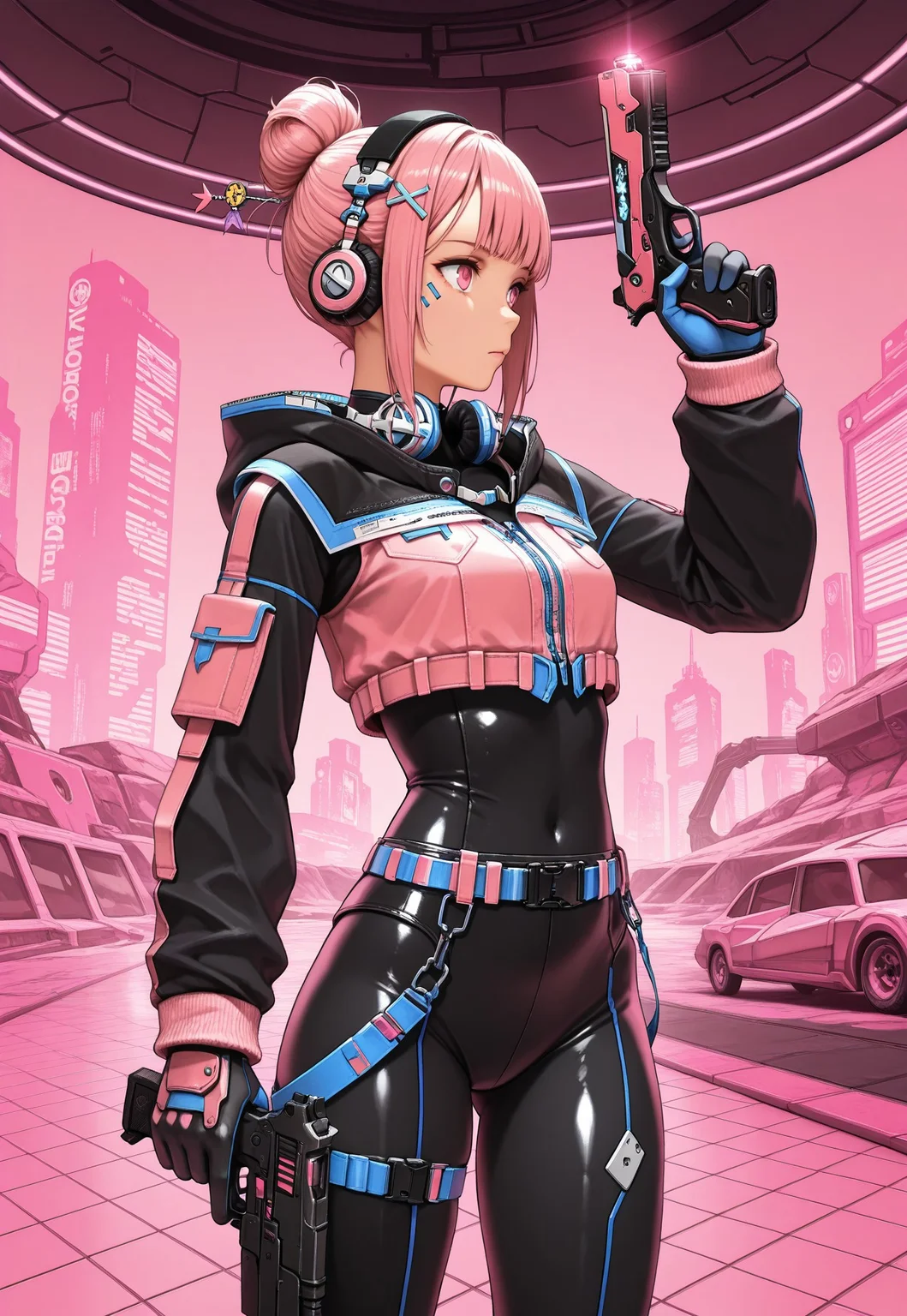 masterpiece, very aesthetic, V4NGU4RD, weapon, 1girl, gun, solo, holding gun, holding, holding weapon, headphones, hair bun, black bodysuit, gloves, bodysuit, handgun, single hair bun, hair ornament, cyberpunk, hooded jacket, belt, hood down, Vanguard Breeches of Scouting, vanguard bolero, pink theme, Neon, glowing