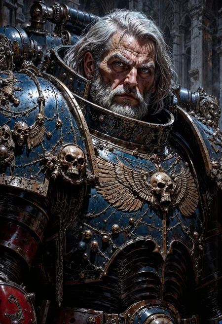 Highly detailed and realistic fantasy character in a dramatic shot. Epic cinematic depiction of a very old Paladin in full NightL40K power armor. He is bearded and his hair is going grey. <lora:FluxNightL40K:1> <lora:FluxMythP0rtr4itStyle:0.5> <lora:sxz-Dark-Fantasy-v2-Flux:0.5> <lora:flux_realism_lora:0.8>