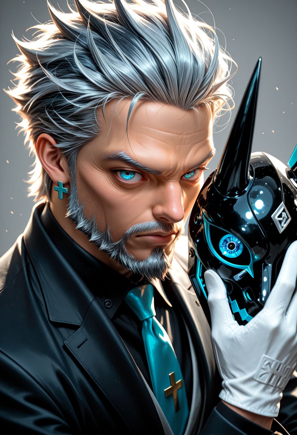 SmoothNoob_Quality, High-contrast, 1boy, old man, full beard, serious, human, messy silver-grey hair, spiky hair, fade hair, close up, dynamic angle, holding mask, polished black chrome mask, horned mask, taking off mask, looking at viewer, energy eye, visible face, luminous blue eye, small cross-shaped earrings, white gloves, tailored suit, black suit jacket, black shirt, necktie,simple background, grey background, particle motes, dramatic lighting, clean lines,  <lora:Smooth_Booster_v3:0.5>