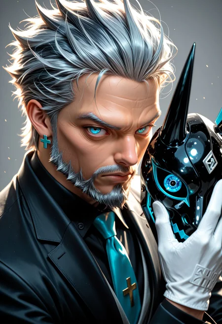 SmoothNoob_Quality, High-contrast, 1boy, old man, full beard, serious, human, messy silver-grey hair, spiky hair, fade hair, close up, dynamic angle, holding mask, polished black chrome mask, horned mask, taking off mask, looking at viewer, energy eye, visible face, luminous blue eye, small cross-shaped earrings, white gloves, tailored suit, black suit jacket, black shirt, necktie,simple background, grey background, particle motes, dramatic lighting, clean lines,  <lora:Smooth_Booster_v3:0.5>