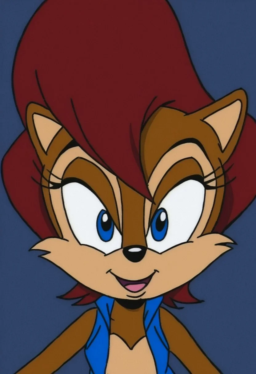 Sally Acorn, sonic character, sonic style, anthro, furry, 1girl, female, solo,
red brown hair, brown fur, blue eyes,
blue boots, blue vest,
smiling, mouth open, bedroom eyes,
looking at viewer, facing forward,
headshot, head view,
dark lighting,